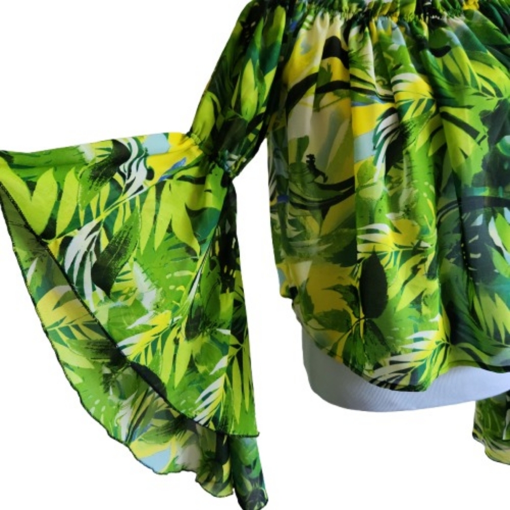 Live 4 Truth Boho Tropical Print Asymmetrical Ruffled Sleeve Top - Picture 2 of 15